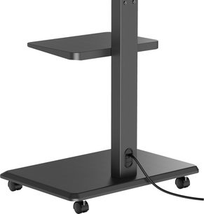 Norstone Pro Vision Plus black metal TV stand, side view showing rectangular base with casters, central column with cable management, and intermediate shelf
