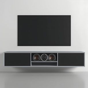 Wisząca szafka audio‑wideo Clic Classic Series Model 23, szara i czarna, wykończenie metaliczne, centralna wnęka na trzy głośniki