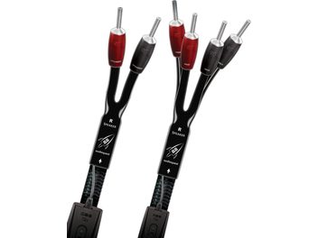 Two black and red Audioquest Rocket 88 audio cables with metal connectors, arranged in parallel on a white background
