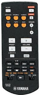 Sort Yamaha RX-397 fjernbetjening med orange og hvide knapper til at styre en hi-fi stereoforstærker, set forfra