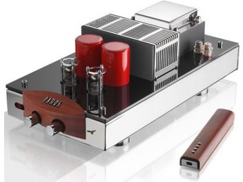 Pathos Classic One MkIII stereo hifi-versterker, metalen en houten behuizing, vacuümbuizen, voorpaneel, afstandsbediening