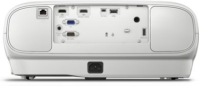 Epson EH-TW6800 hvid videoprojektor, set forfra, tilslutninger på bagsiden, linse på forsiden