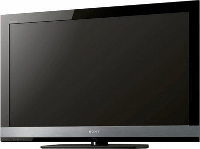 Sony KDL-40EX700 sort fladskærms-TV, set forfra, slukket, på grå og sort baggrund