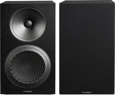 Diffusore da scaffale Paradigm Premier 220B v2 legno nero, vista frontale con altoparlante a vista e griglia nera rimovibile