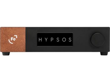 Fuente de alimentación Ferrum Audio Hypsos, caja rectangular negra mate con pantalla OLED, botón giratorio y conector Fe en el panel frontal