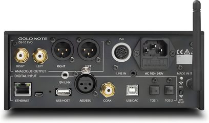 Bagside af Gold Note DS-10 EVO netværksafspiller med XLR-, RCA-, USB-, koaksial- og Ethernet-stik samt Wi-Fi‑antenne