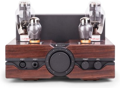 Preamplificatore per cuffie hi-fi Feliks Audio Envy Performance noce, pannello frontale in legno scuro con valvole a vuoto visibili
