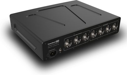 Мережевий кондиціонер Audioquest PowerQuest 505 чорний, вид спереду, 8 розеток, вимикач та індикатор на передній панелі