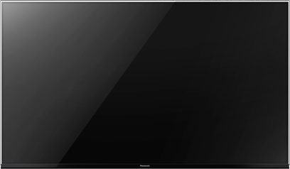 Panasonic TX-65FX740 rektangulær sort fladskærm, set forfra, slukket, smal ramme, hvidt logo i bunden i midten