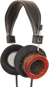 Grado RS1x open-back hi-fi headphones, side view, black leather headband, black foam ear pads, wooden housing, metal grille