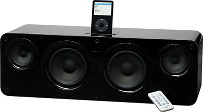 Kanto SYD 5 sort højttaler i lakeret sort, set forfra, med 4 højttalere, en fjernbetjening og en iPod placeret oven på