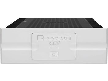 Amplificador de potência hi-fi Bryston 4B³ branco com painel frontal branco e grade superior preta