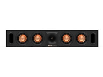 Klipsch R-30C siyah merkezi hoparlör, 4 bakır orta frekans hoparlörü ve 1 tweeter ile ön görünüm