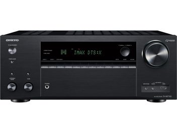 Onkyo TX-NR7100 svart hemmabioanläggning, frontpanel med grön skärm som visar "MAX DTS:X", knappar och kontrollvred
