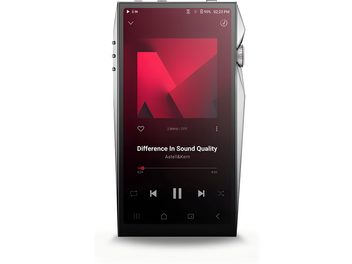 Astell&Kern SP4000 ezüst színű audiofil lejárat, éles vonalú ezüst színű fémtokkal, nagy, széleig érő érintőképernyővel, a jobb oldalon fogaskerék-szerű forgógombbal és a bal oldalon kis gombokkal, előlről nézve