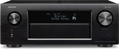 Denon AVR-X4300H sort hjemmebiografsforstærker, frontvisning, blåt display, drejeknopper og knapper, mat og blank sort front
