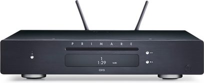 Primare CD15 Prisma sort CD-afspiller, frontvisning, sort front, blå display, to knapper, to hovedtelefonstik