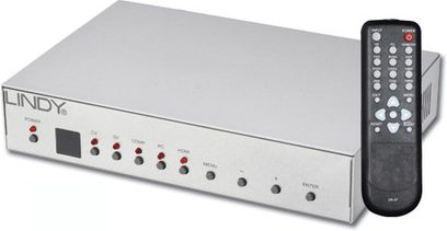 HDMI přepínač/scaler Lindy 32596 šedý s dálkovým ovládáním, 8 tlačítek, 6 červených LED, 2 HDMI porty a 1 VGA port na předním panelu