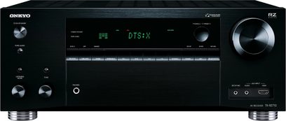 Onkyo TX-RZ710 sort home cinema-forstærker, sort aluminium front, grøn skærm, knapper, stik på bagsiden, sidegitter