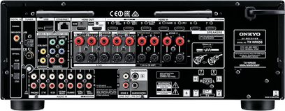 Onkyo TX-NR656 sølvfarvet hjemmebiograf-forstærker, bagside, omfattende audio/video-tilslutninger, højttalertilslutninger, FM-antenneindgang