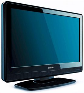 Philips 26PFL3403D fladskærms-TV, LCD, set forfra, sort base, blank sort ramme, mørkeblå skærm