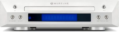 Nuprime CDT-10 sølvfarget CD-spiller, frontpanel med blå skjerm, knapper og kontakter, forfra