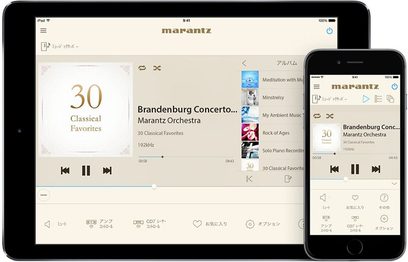 Marantz NA6005 sort netværksaudioafspiller vist på tablet og smartphone, brugergrænseflader, albumcovere