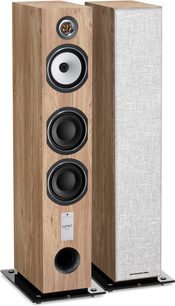 Diffusore da pavimento Triangle Antal serie EZ in rovere chiaro, pannello frontale con 4 altoparlanti neri, base nera lucida
