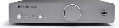 Preamplificatore phono Cambridge Audio Alva Duo argento, vista frontale, con pulsanti e manopola di regolazione sul pannello anteriore grigio