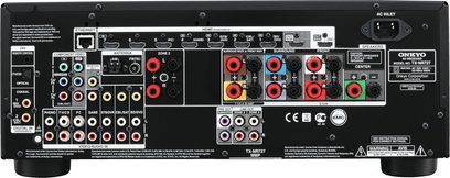 Onkyo TX-NR727 sort hjemmebiografsforstærker, frontpanel, tilslutninger og kontrolknapper, centreret forfra