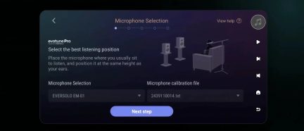 evotune Pro screen for selecting the Eversolo EM-01 microphone for audio calibration, with listening diagram and Next step button