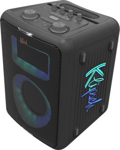 Přenosný Bluetooth reproduktor Klipsch Vegas, pohled v perspektivě, černý přední kryt s vícebarevným LED osvětlením, horní panel s tlačítky a ovládacími kolečky, černé boky s osvětleným logem