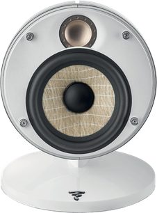 Compacte luidsprekerset Focal Dôme Flax 5.1 wit, vooraanzicht, ronde beige en zwarte luidspreker, metalen tweeter, witte voet.