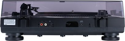 Black Reloop RT-1 BT turntable, rear view with transparent dust cover and RCA, ground, and power connections