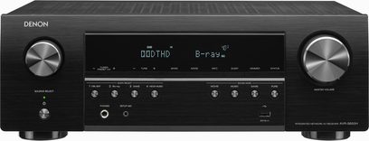 Denon AVR-S650H sort hjemmebiografsforstærker, set forfra, mat sort front med sølvfarvede knapper og drejeknapper, blåt display, hovedtelefon- og mikrofonindgange