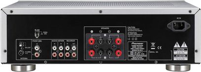 Amplificador estéreo de alta fidelidad Pioneer SX-20 plateado, vista trasera y superior, conexiones y controles, carcasa metálica rectangular