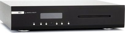 Musical Fidelity M3CD sort CD-afspiller, frontvisning, sort front med LCD-display og 6 knapper, slidsindlæsning