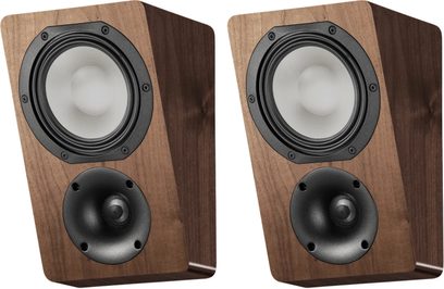 Paar Canton AR 5 luidsprekers in notenafwerking, compacte tweewegschuine luidsprekerboxen met lichte woofer en zwarte tweeter