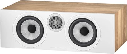 Bowers & Wilkins HTM6 S3 senterkanal i lys eik, trekabinett, hvit front, 2 grå høyttalere, sentralt plassert diskant