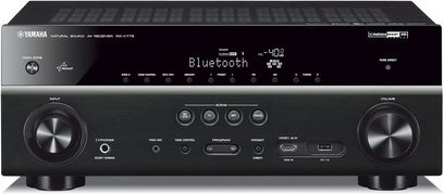 Yamaha RX-V779 sort hjemmebiografsforstærker, frontpanel, frontvisning, display "Bluetooth -40dB", knapper og stik