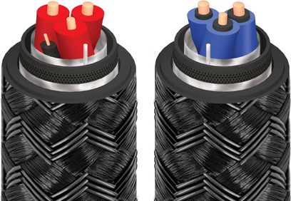 Dois cabos de coluna AudioQuest Lone Ranger ZERO-Tech, malha preta, condutores de cobre vermelho e azul, vista em corte