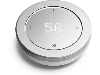 Rund DEVIALET REMOTE Light Pearl fjernkontroll i perlemorsmetall, med LED-skjerm 56 og ikoner, sett ovenfra i trekvarts vinkel
