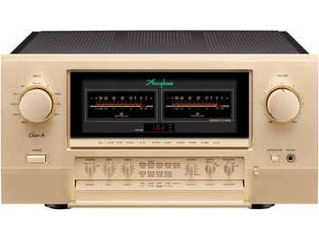 Ampli stéréo Accuphase E-800S harjattua champagne-alumiinia, etunäkymä, kaksi VU-mittaria, isot äänenvoimakkuuden ja syötteen säätönupit