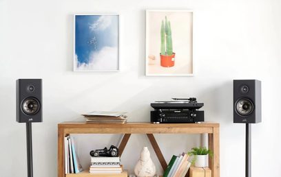 Polk Audio R100 zwarte boekenplankluidspreker, draaitafel, boeken, lijsten met cactus en bewolkte lucht op houten plank