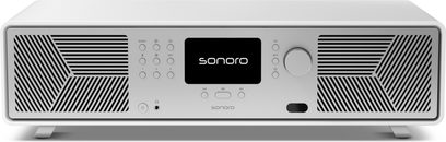 Sistema hi-fi tutto in uno Sonoro Avaton bianco opaco e argento, facciata in metallo, vista frontale, schermo centrale, griglie diagonali