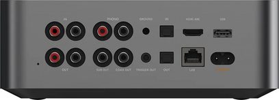 Tinklo garso grotuvas WiiM Ultra, galinis vaizdas, RCA, HDMI ARC, USB, LAN, koaksialiniai, foniniai, sub out, trigger out jungtys
