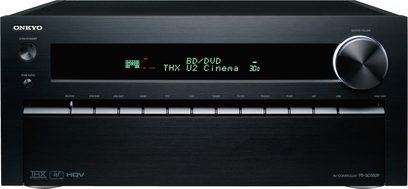 Předzesilovač domácího kina Onkyo PR-SC5509 černý, pohled zepředu, displej s nápisem "BD/DVD THX D2 Cinema 3D", tlačítka a otočný ovladač na čelním panelu