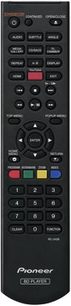 Sort Pioneer fjernbetjening med flerfarvet knapper til Blu-ray-afspiller, numeriske knapper og navigeringsknapper