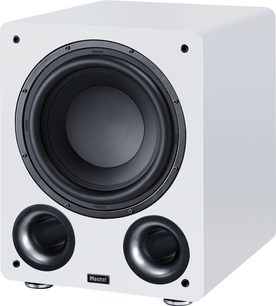 Witte Alpha RS 12 subwoofer met rechthoekige behuizing, zwarte centrale ronde luidspreker, 2 ronde bass-reflexpoorten aan de voorkant