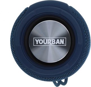 Bluetooth-højttaler Yourban Getone 30 MK2, set forfra, cirkulær form, blå farve, centralt sølvlogo, vævet tekstur